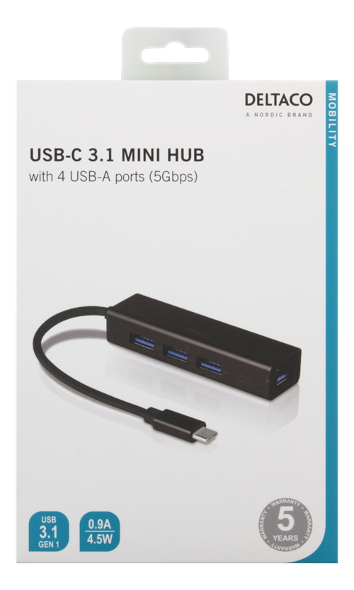 Deltaco USB-C Mini Hub with 4 USB-A ports, USB 3.1 Gen 1, black