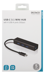 Deltaco USB-C Mini Hub with 4 USB-A ports, USB 3.1 Gen 1, black