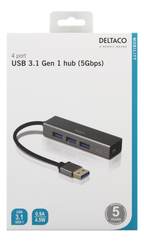 Deltaco USB Mini Hub with 4 USB-A ports, USB 3.1 Gen 1, space grey