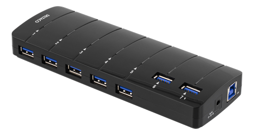 Deltaco USB 3.0 Hub, 7 x USB-A porter, strømadapter inkludert, svart