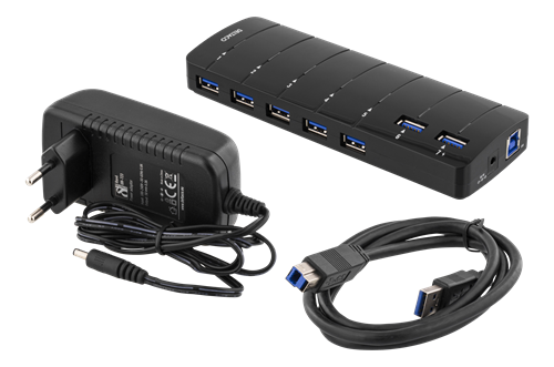 Deltaco USB 3.0 Hub, 7 x USB-A porter, strømadapter inkludert, svart