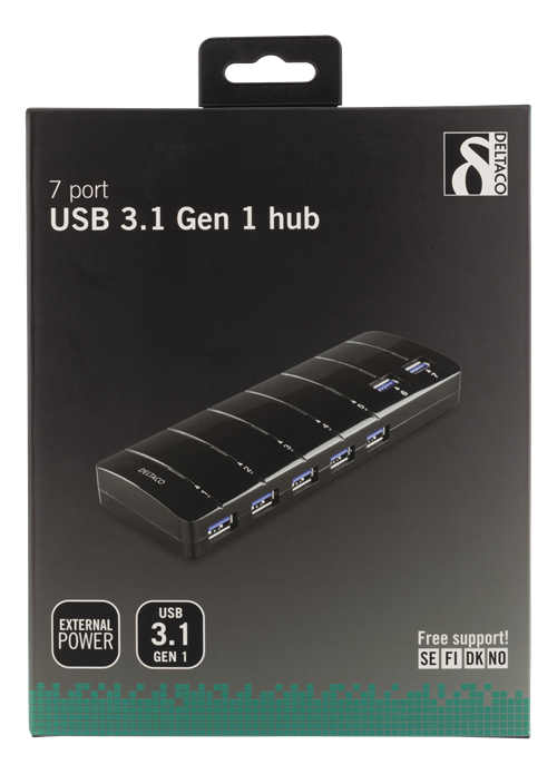 Deltaco USB 3.0 Hub, 7 x USB-A porter, strømadapter inkludert, svart