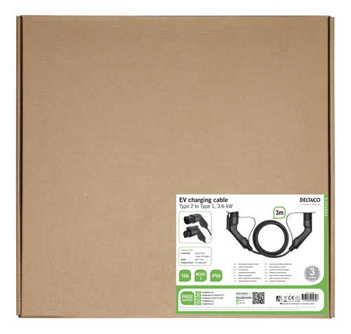 Deltaco e-Charge kabel, type 2 til type 1, 1 fase, 16A, 3.6kW, 3m, svart