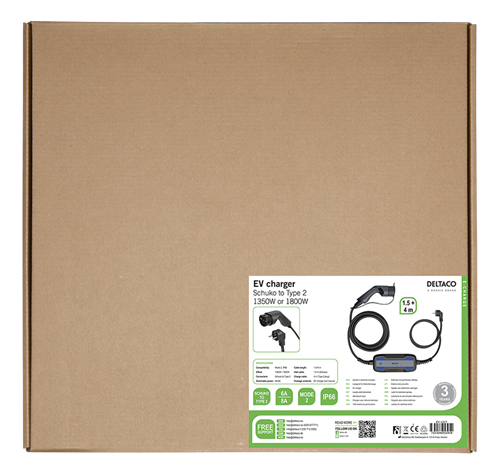 Deltaco e-Charge kabel, Schuko til type 2, 1 fase, 6/8A, 1.8kW, svart