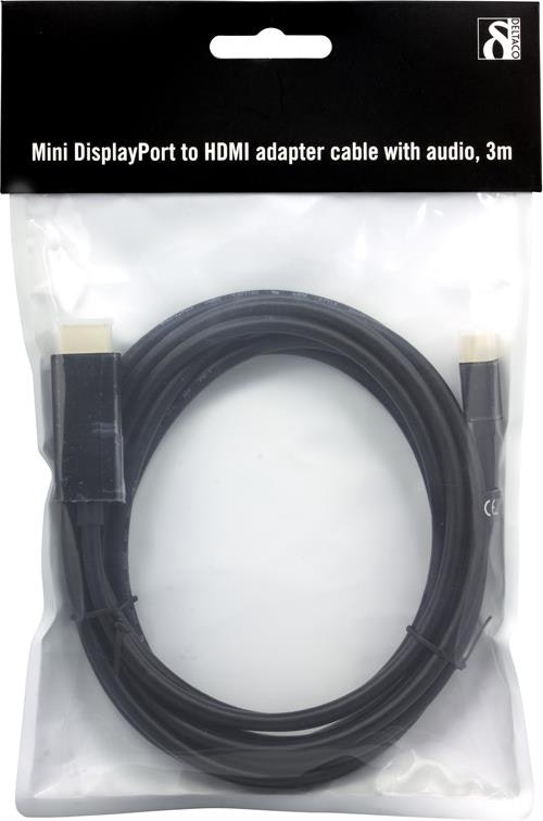 Deltaco mini DisplayPort til HDMI, med lyd, 3m, svart