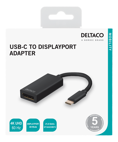 Deltaco USB-C til DisplayPort adapter, 4K 4096x2160 i 60Hz, svart