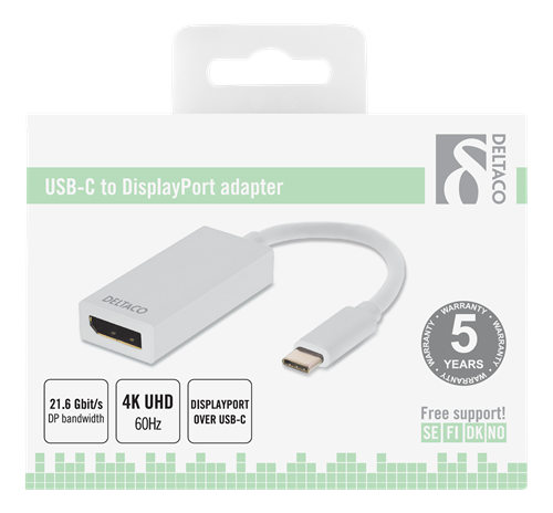 Deltaco USB-C til DisplayPort adapter, 4K 4096x2160 i 60Hz, hvit - Eivind  Aasnes