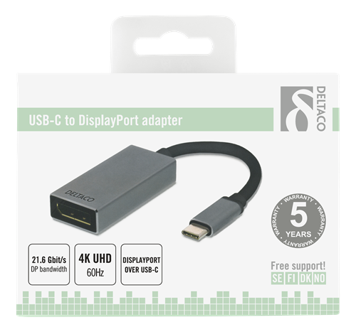 Deltaco USB-C til DisplayPort adapter, 3840x2160 i 60Hz, space grey