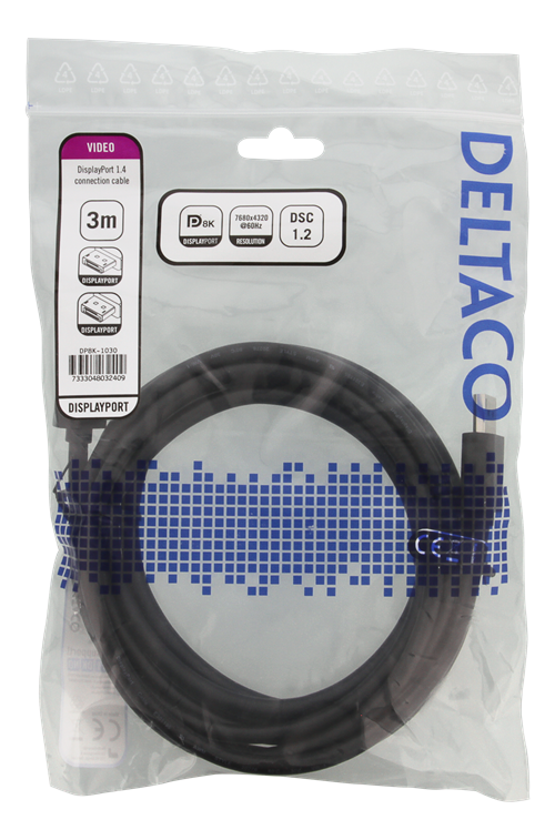 Deltaco DisplayPort kabel, 3m, 8K, DP 1.4, DSC 1.2, svart