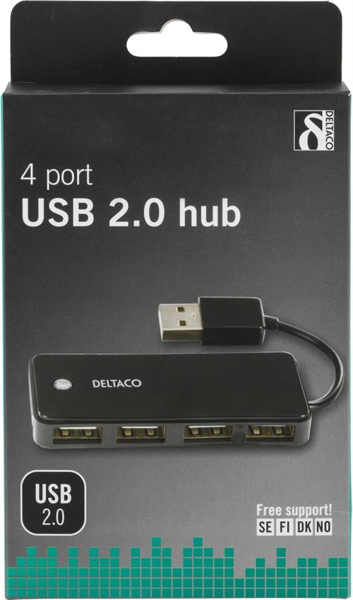 Deltaco USB 2.0 hub, 4x type A hunn, svart