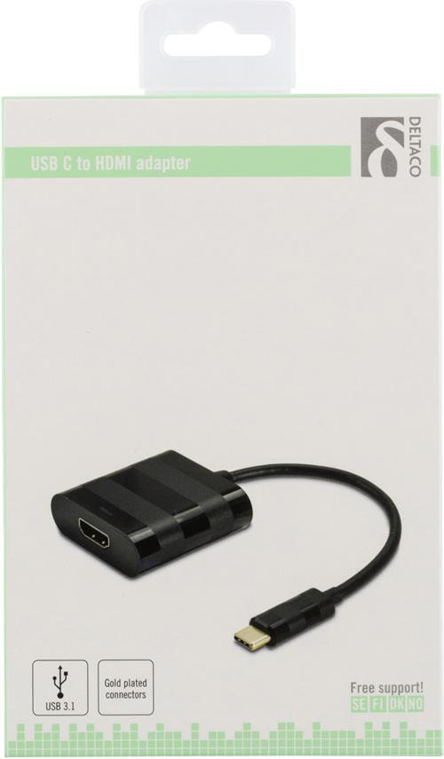 Deltaco USB-C til HDMI adapter, Ultra HD, forgylte kontakter, svart