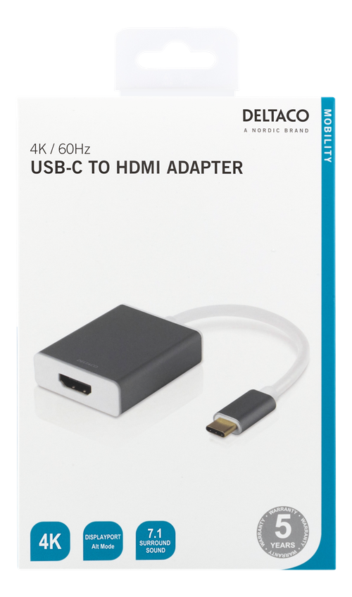 Deltaco USB-C til HDMI adapter, 4096x2160 60Hz, HDMI 2.0, HDCP 2.2, space grey
