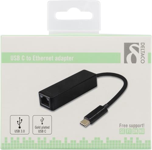 Deltaco USB 3.1 nettverksadapter, Gigabit, 1xRJ45, 1xUSB 3.1 Typ C Han, svart