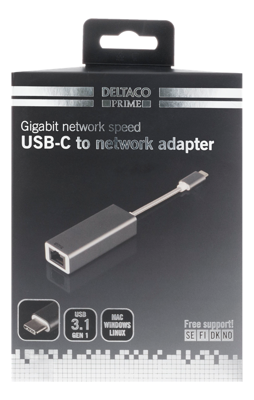 Deltaco PRIME USB 3.1 nettverksadapter, Gigabit, 1xRJ45, 1xUSB 3.1 Typ C Han, aluminum, space grey
