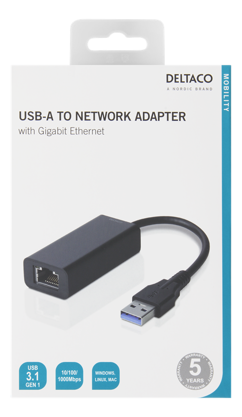 Deltaco USB 3.0 nettverksadapter med internt flash-minne, Gigabit, 1xRJ45, 1xUSB3.0 Typ A han, svart