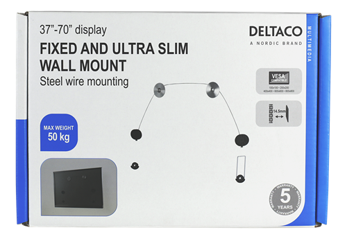 Deltaco Fixed ultra-slim wall mount for TV / screen, 37-70 ", max 50kg, VESA 100x100-800x800, black / silver
