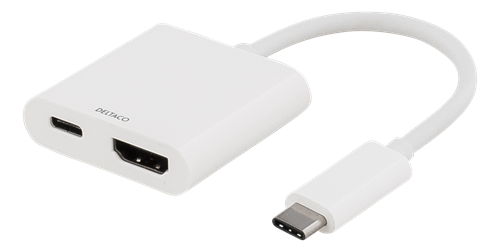 Deltaco USB-C til HDMI adapter, UltraHD, USB 3.1 Gen 1, 1xUSB-C han, 1xHDMI hun, 1xUSB-C hun, hvit