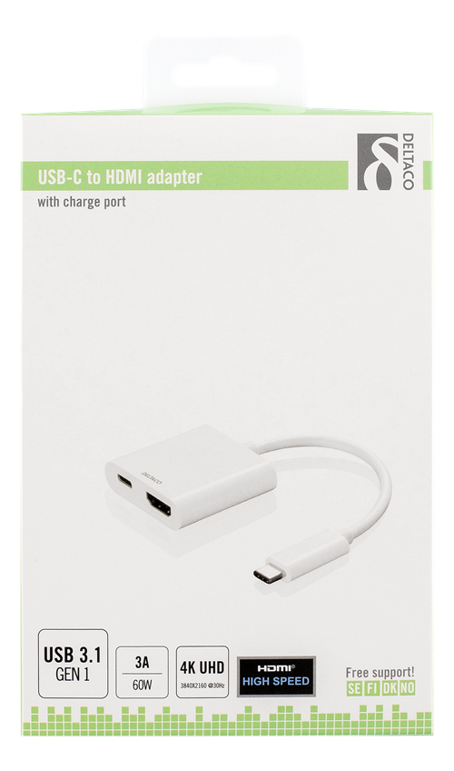 Deltaco USB-C til HDMI adapter, UltraHD, USB 3.1 Gen 1, 1xUSB-C han, 1xHDMI hun, 1xUSB-C hun, hvit