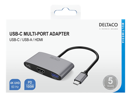 Deltaco USB-C til HDMI og USB-A adapter, USB-C port med PD 3.0, 3840x2160 60Hz, space grey