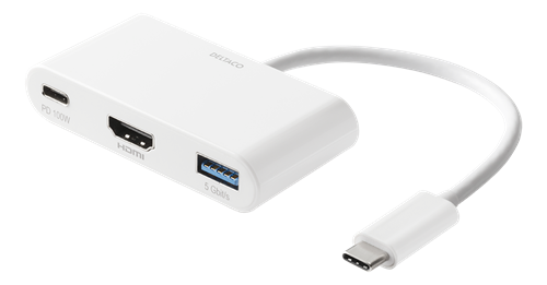 Deltaco USB-C til HDMI og USB-A adapter, USB-C port med PD 3.0, 3840x2160 60Hz, hvit