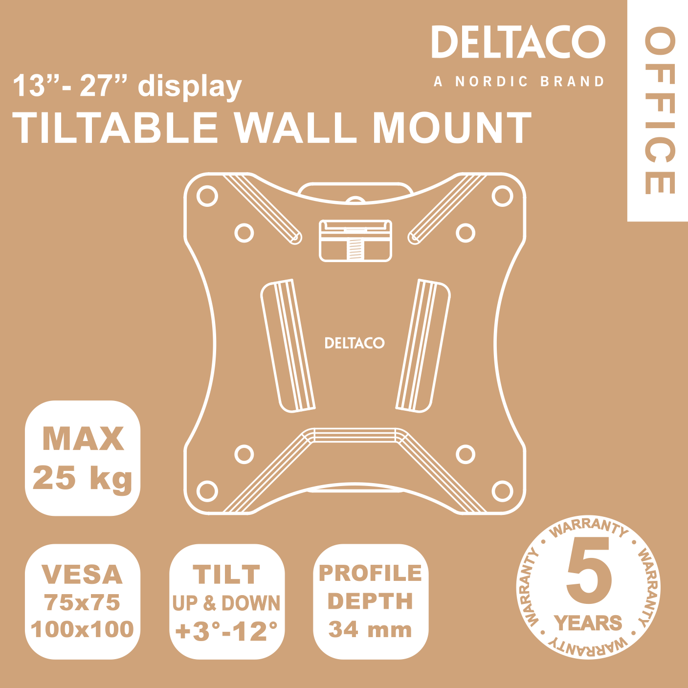 Deltaco Office Compact slim tilt wall mount, 13"-27", 25 kg, black