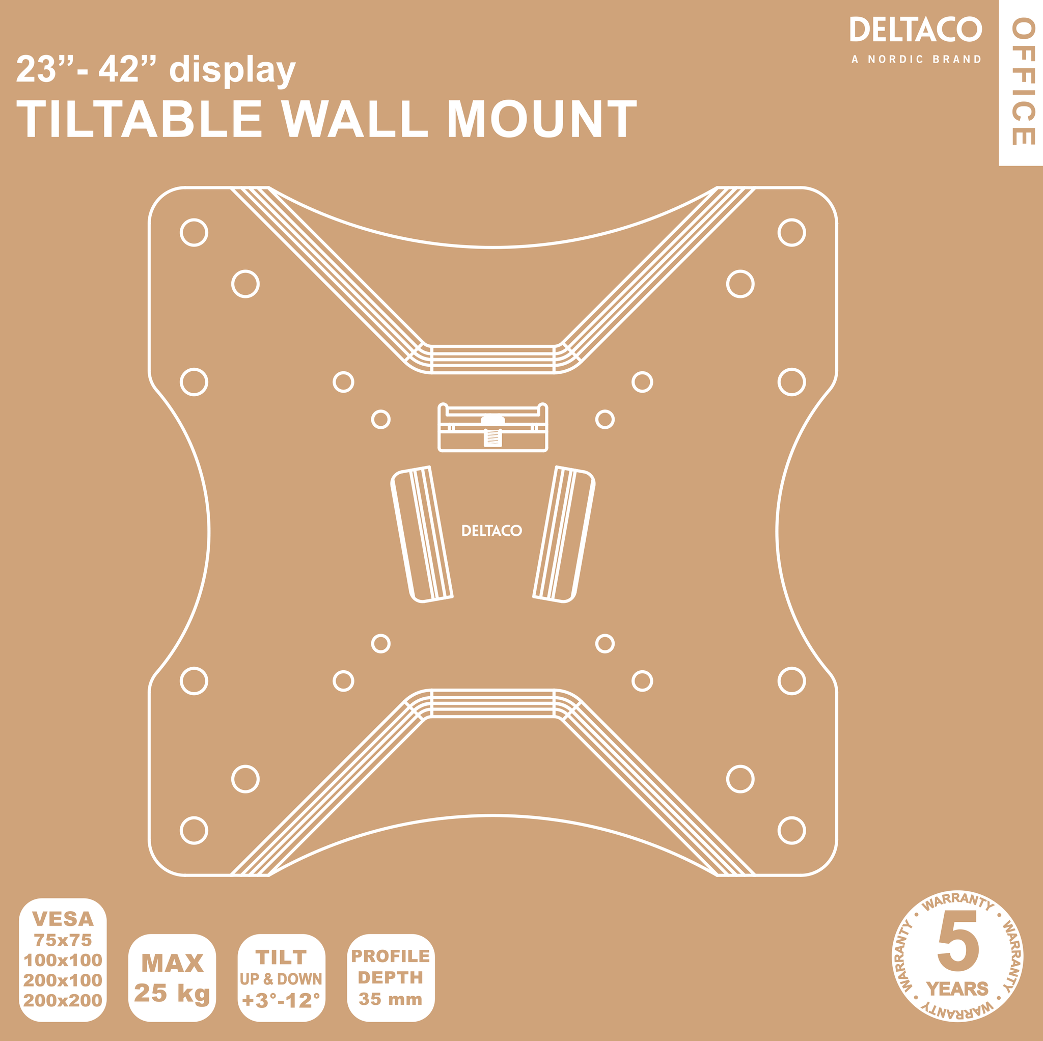 Deltaco Office Compact slim tilt wall mount, 23"-42", 25 kg, black