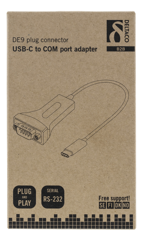 Deltaco USB-C to COM port adapter, RS-232, 1xDE9 Male, 1xUSB-C Male, 0,2m, black