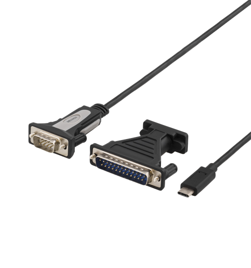 Deltaco USB-C to COM port cable, RS-232, 1xDE9 Male, 1xUSB-C Male, 1,5m, black