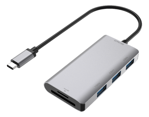 Deltaco USB-C hub with 3x USB-A ports and SD/microSD card slot, silver/grey