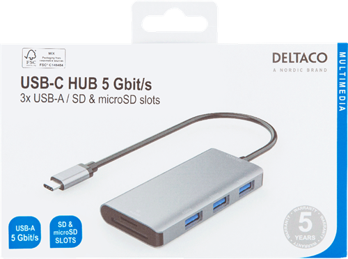 Deltaco USB-C hub with 3x USB-A ports and SD/microSD card slot, silver/grey
