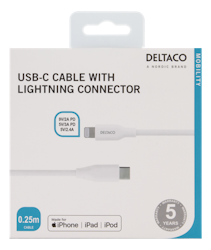 Deltaco USB-C to Lightning cable, 0.25m, 9V/2A PD, 5V/3A PD, 5V/2.4A, USB 2.0, white
