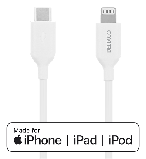 Deltaco Lightning for USB-C cable, 1m, Apple C94 chipset FSC-labeled packaging, white