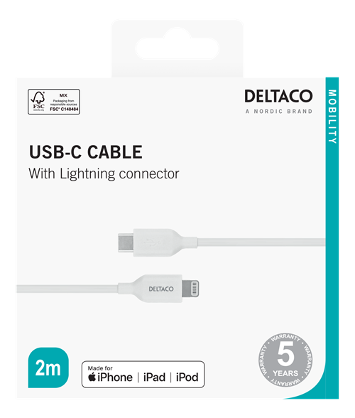 Deltaco Lightning for USB-C cable, 2m, Apple C94 chipset FSC-labeled packaging, white