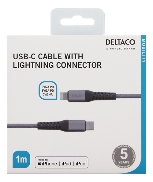 Deltaco USB-C to Lightning cable, 1m, 9V/2A PD, 5V/3A PD, 5V/2.4A, braided, USB 2.0, space grey