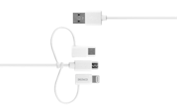 Deltaco USB-C / Micro USB / Lightning to USB-A cable, 1m, Apple C189 chipsetm FSC-labeled packaging, white