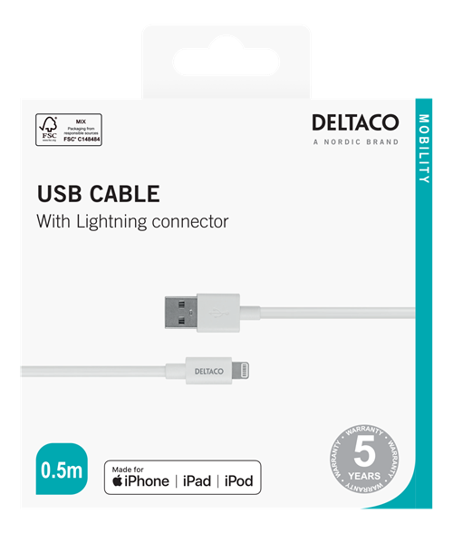 Deltaco USB Cable with Lightning Connector, MFI Certified, 2.4A, 0.5 m, white