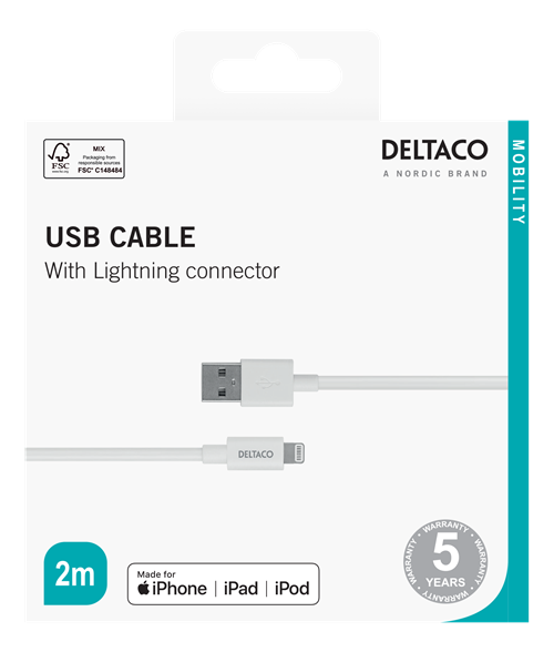 Deltaco Lightning cable, 2m, Apple C189 chipset, MFi, FSC-labeled packaging, white