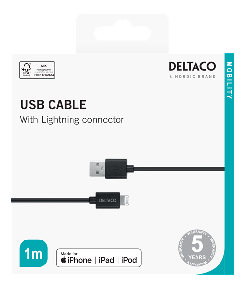 Deltaco Lightning cable, 1m, Apple C189 chipset, MFi, FSC-labeled packaging, black