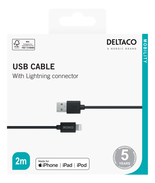 Deltaco Lightning cable, 2m, Apple C189 chipset, MFi, FSC-labeled packaging, black