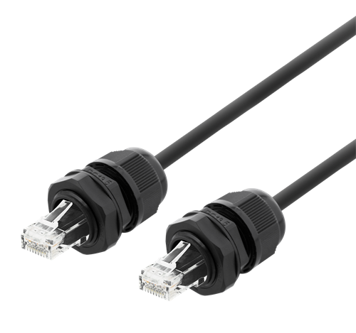 Deltaco S/FTP Cat6a patch cable, 2m, IP68, PG13.5/M20, black