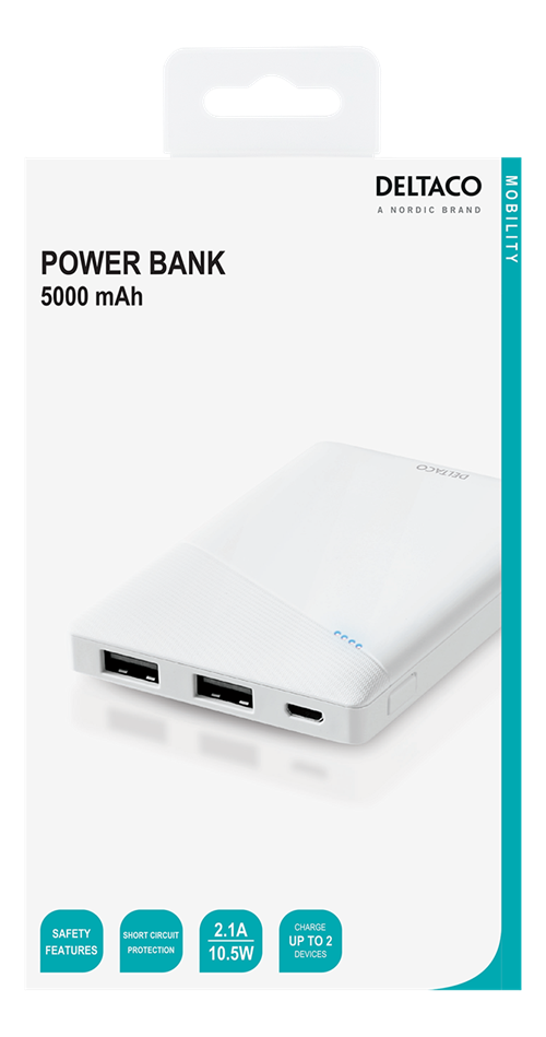 Deltaco Power bank 5000 mAh, 2.1 A/10.5 W, 18.5 Wh, 2x USB-A, white