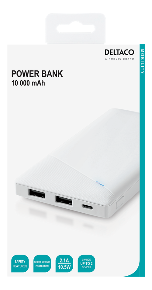 Deltaco Power bank 10 000 mAh, 2.1 A/10.5 W, 37 Wh, 2x USB-A, white
