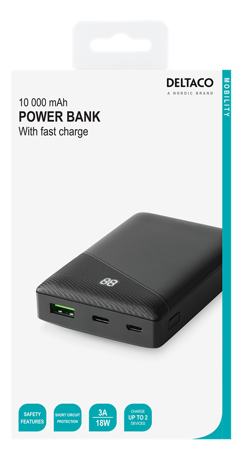 Deltaco Power bank 10 000 mAh, 3 A/18 W, 37 Wh, 1x USB-A fast charge, 1x USB-C PD, black