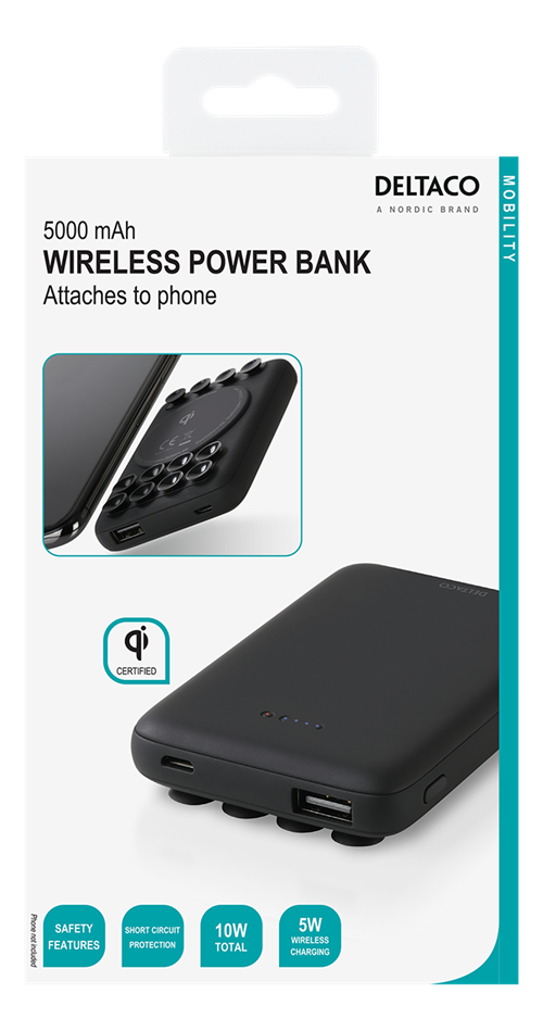 Deltaco Wireless Qi certified power bank that attaches to device, 5000 mAh, 18.5 Wh, black