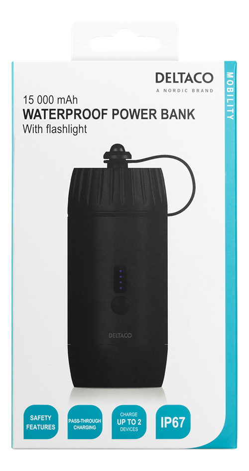 Deltaco PB-Q1002 15 000 mAh waterproof power bank with emergency signal flashlight, IP67, black