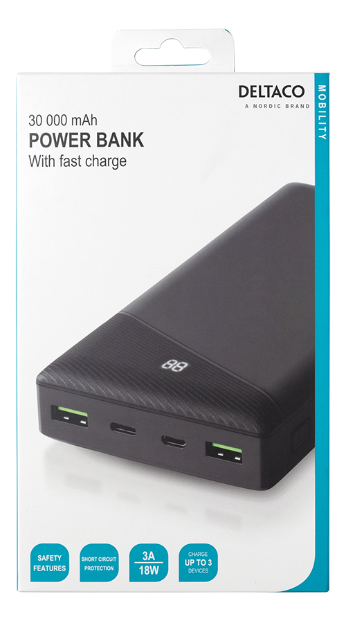 Deltaco Power bank 30 000 mAh, 1x USB-C, 2x USB-A, Fast charge, 111 Wh, black