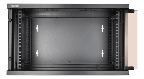 Deltaco 19" skap, 6U, 540x450mm, stående eller veggmontering, glassdør, svart