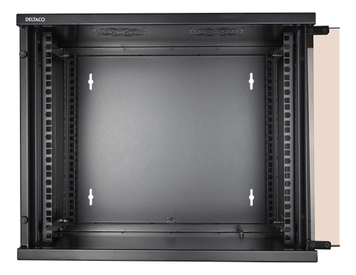 Deltaco 19" skap, 9U, 540x450mm, stående eller veggmontering, glassdør, svart
