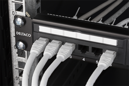 Deltaco 19" Patch panel, 1U, UTP, 24xRJ45, Cat6, 10Gbps, krone terminaler, metall, svart