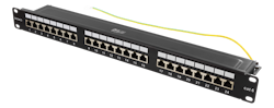 Deltaco 19" Patch panel, 1U, STP, 24xRJ45, Cat6, 10Gbps, krone terminaler, kabelstøtte, metall, svart